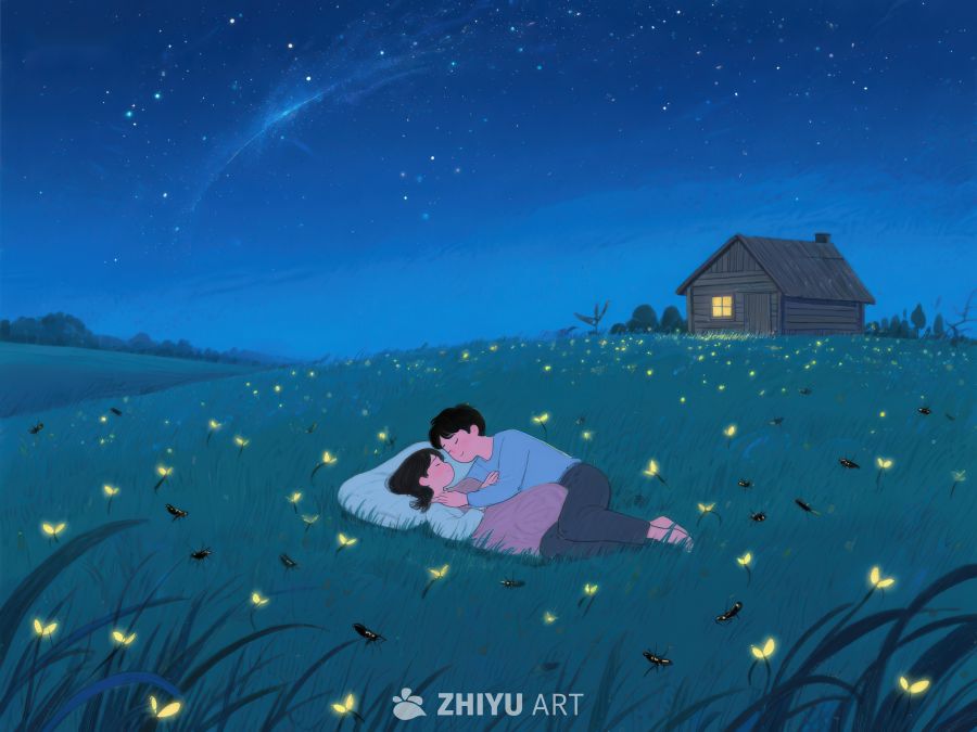 夜空下萤火虫环绕的温馨时刻 1063