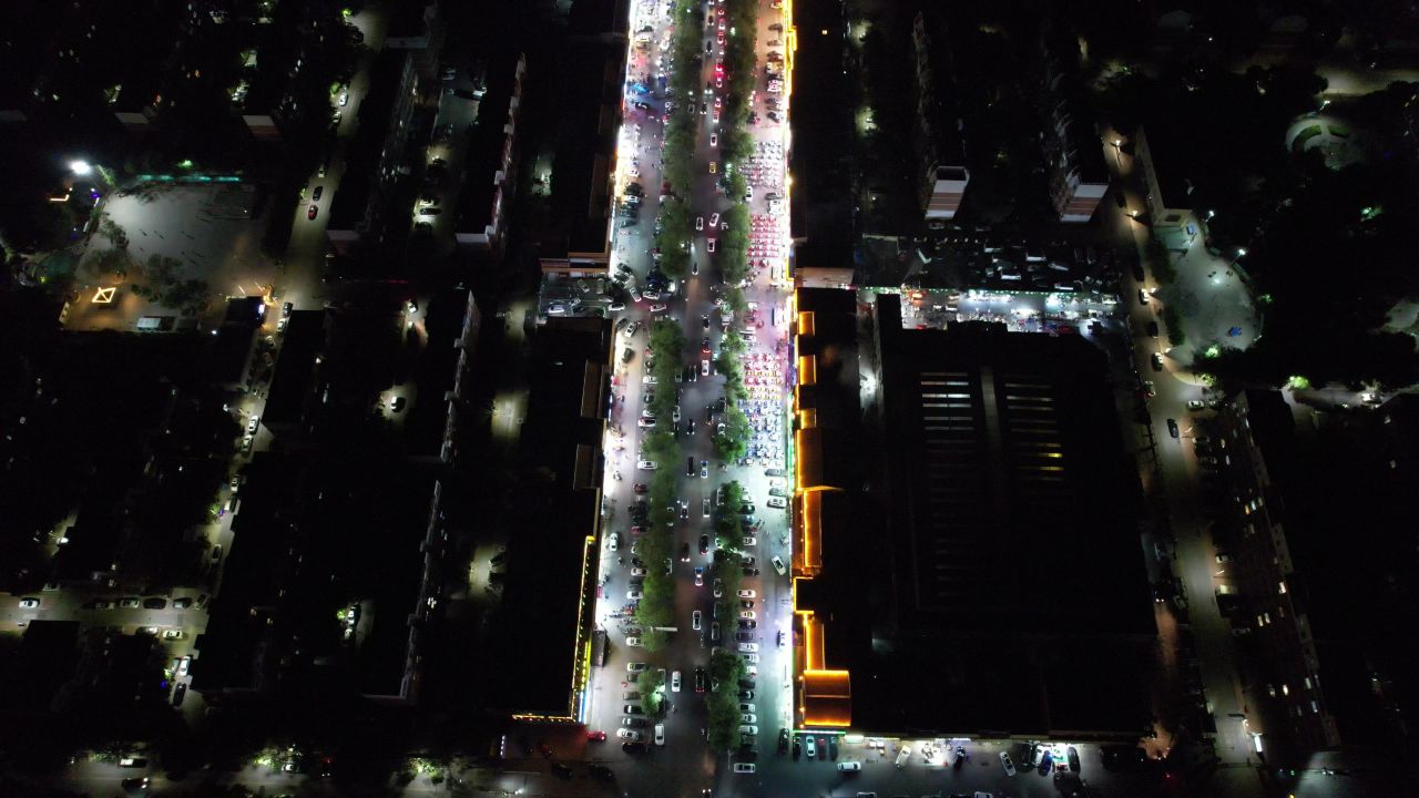 山东东营宵夜一条街烟火气息航拍 