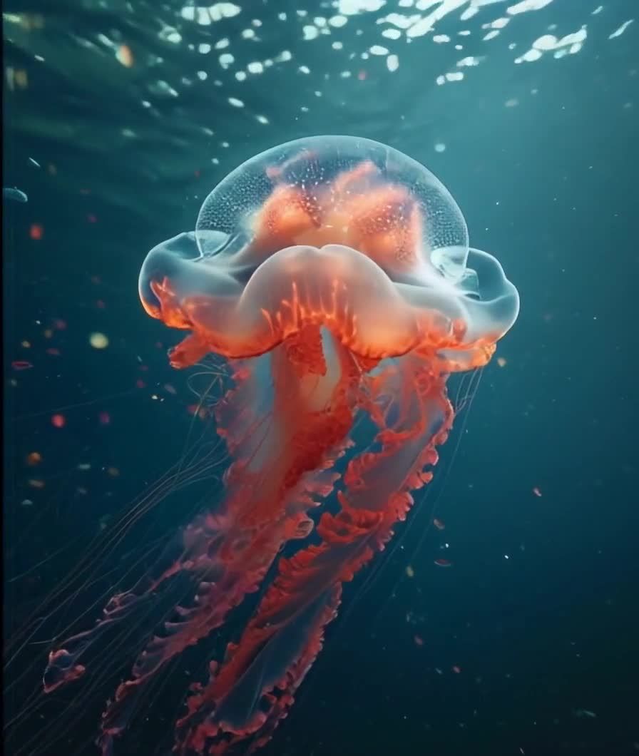 橙红色透明水母在深蓝色水域漂浮游动