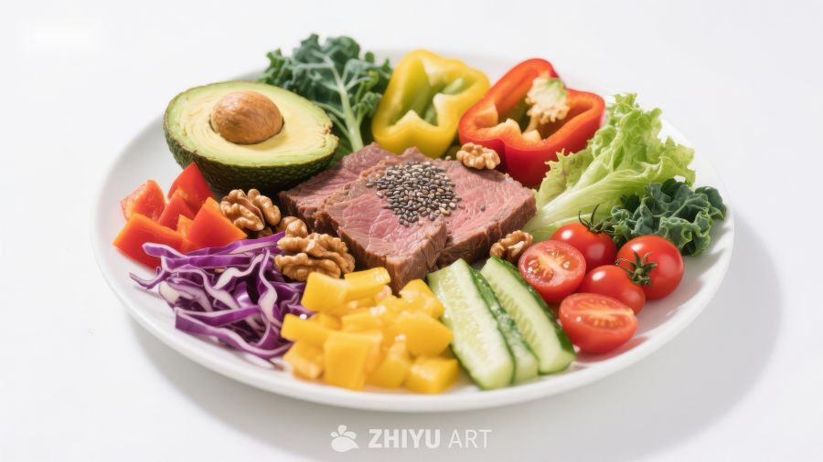 健康餐盘：牛肉配蔬菜与坚果
