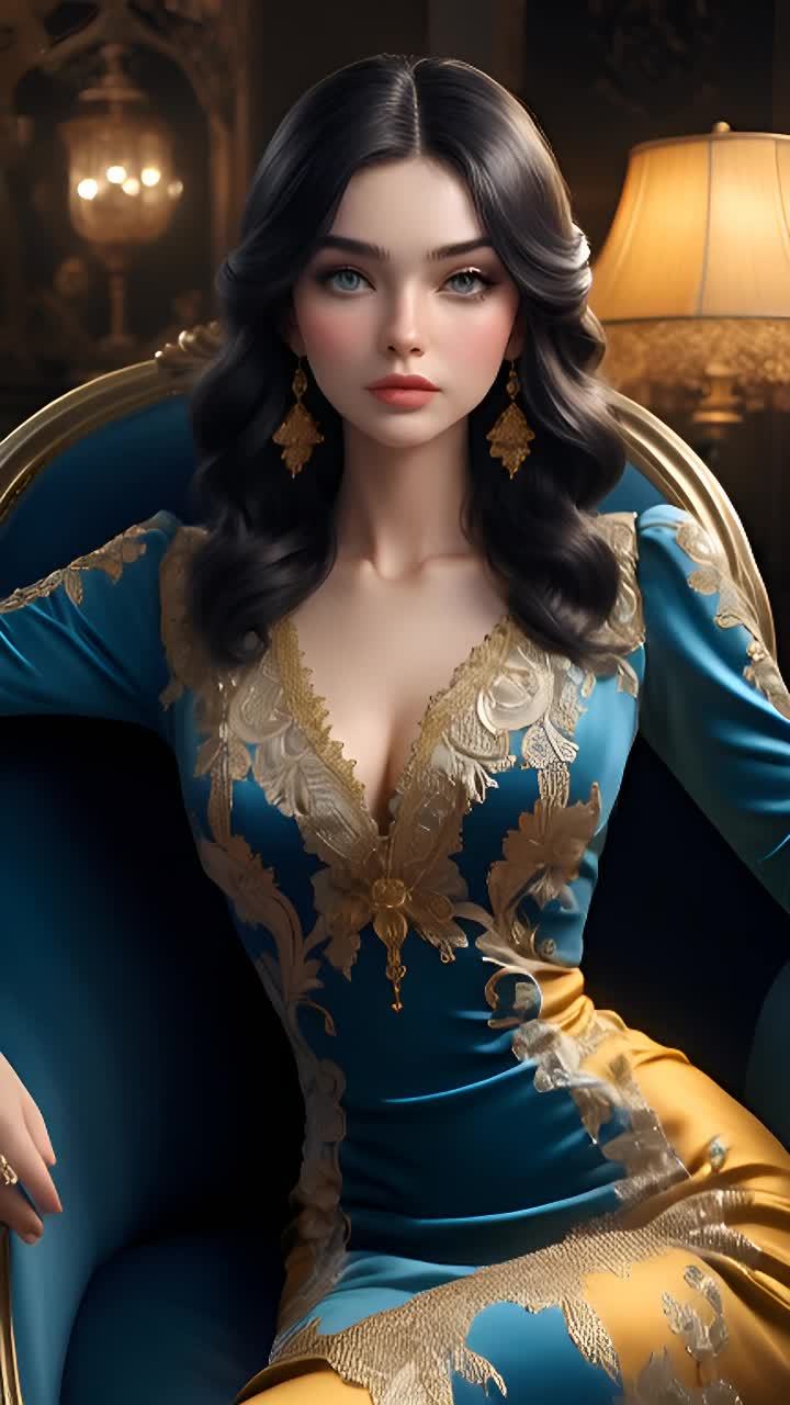 一位女性坐在蓝色椅子上，她穿着一件蓝色和金色相间的