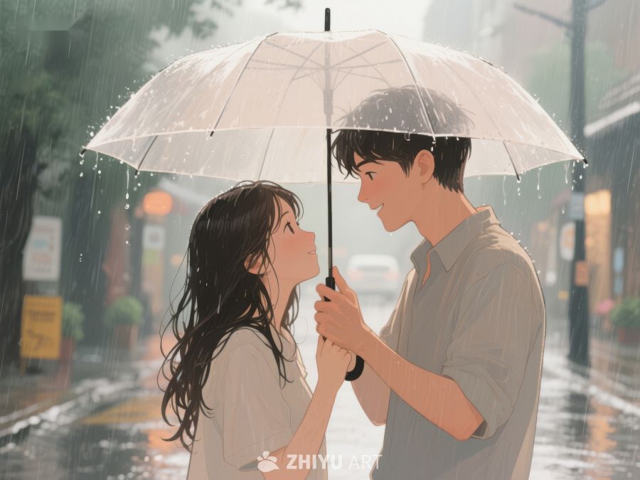 雨中情侣共撑伞温馨场景 1167
