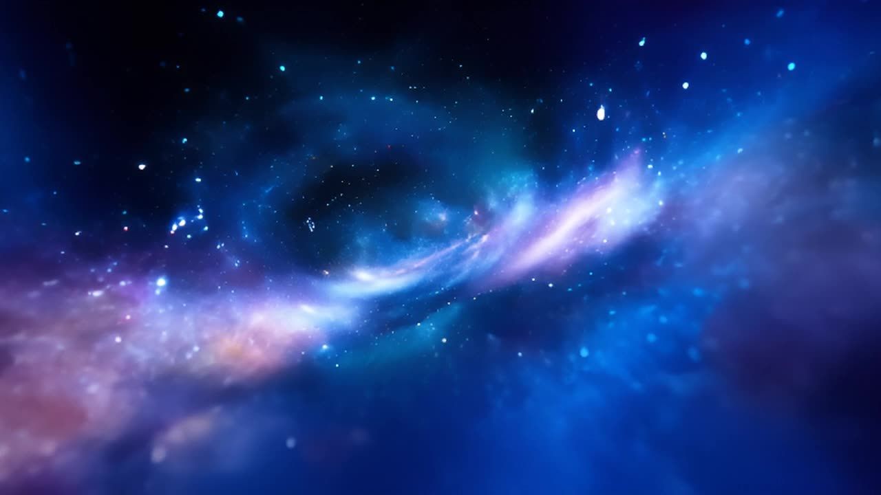 深蓝色背景中，漂浮着紫色的星云，星云呈螺旋状，周围