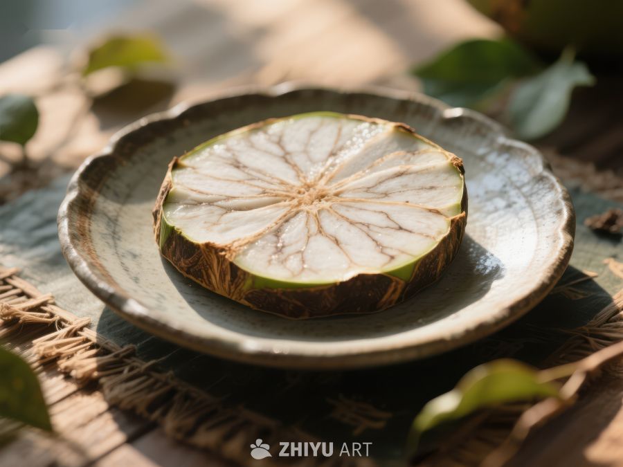 切片植物根茎置于陶瓷盘中 429