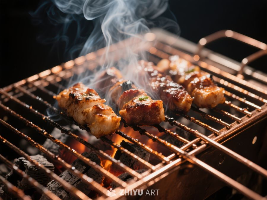烤肉串在炭火上冒着热气 299