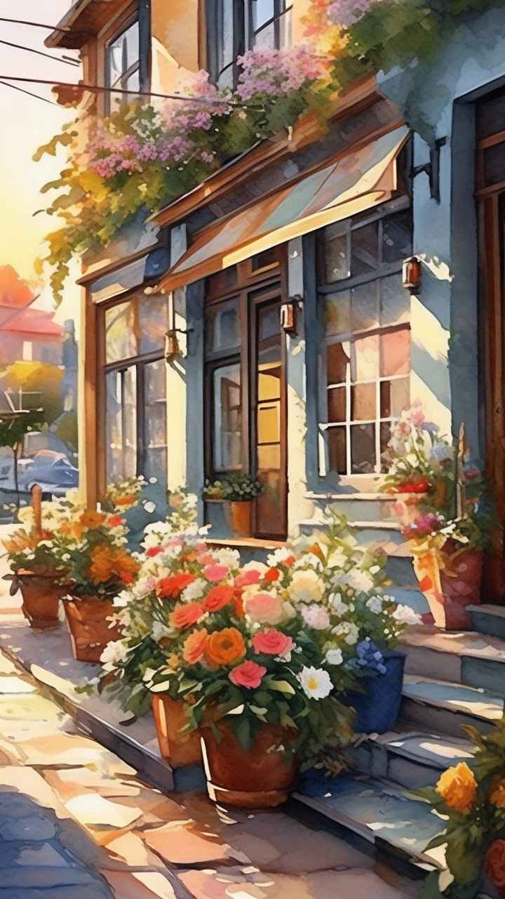 落日时分的街角边的花店插画 16