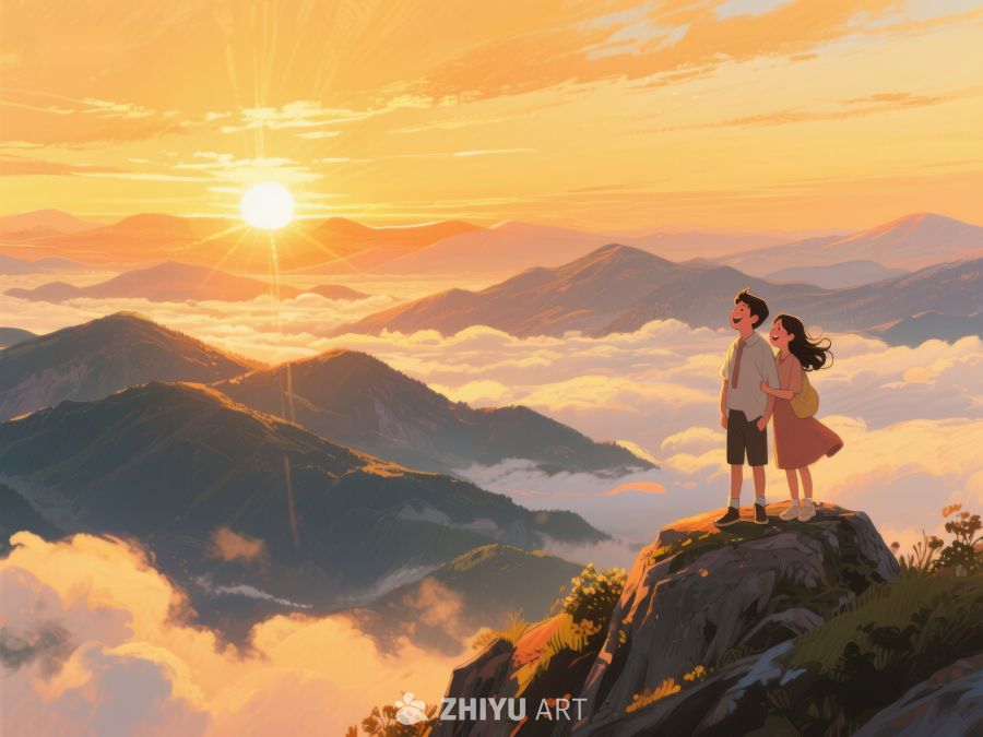 山顶情侣眺望云海日出 642