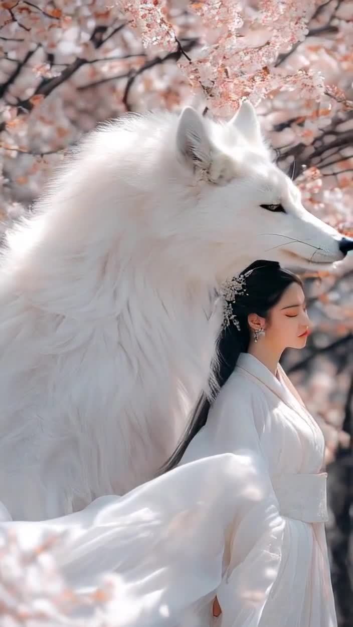 一位身着白色汉服的女子，站在一棵盛开着粉色花朵的树