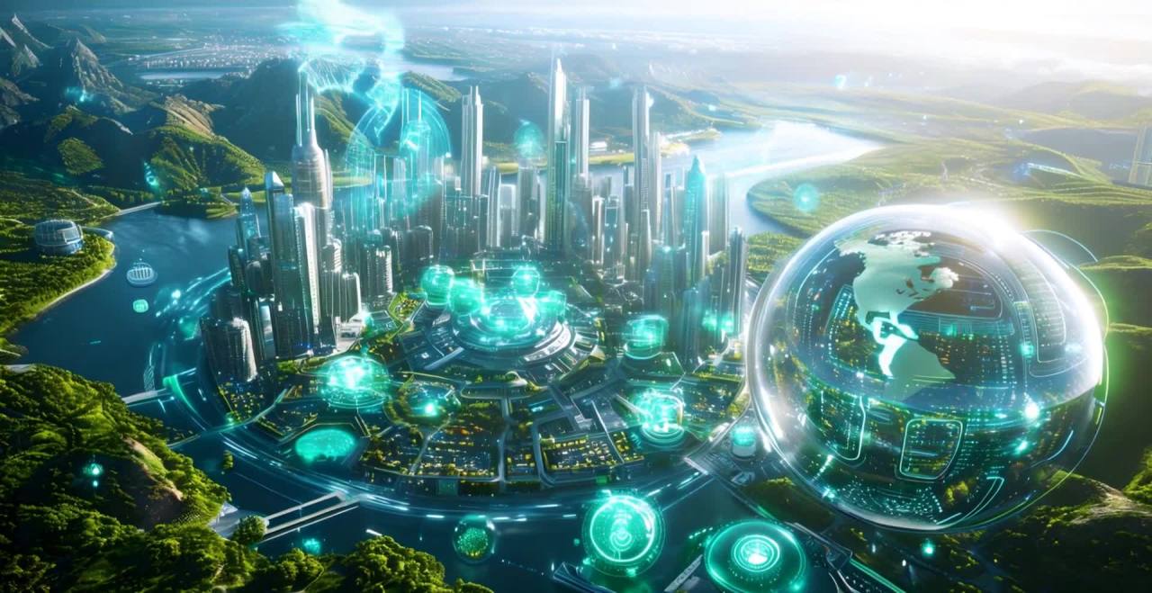 视频中呈现出一个未来城市的全景图，城市建立在群山环