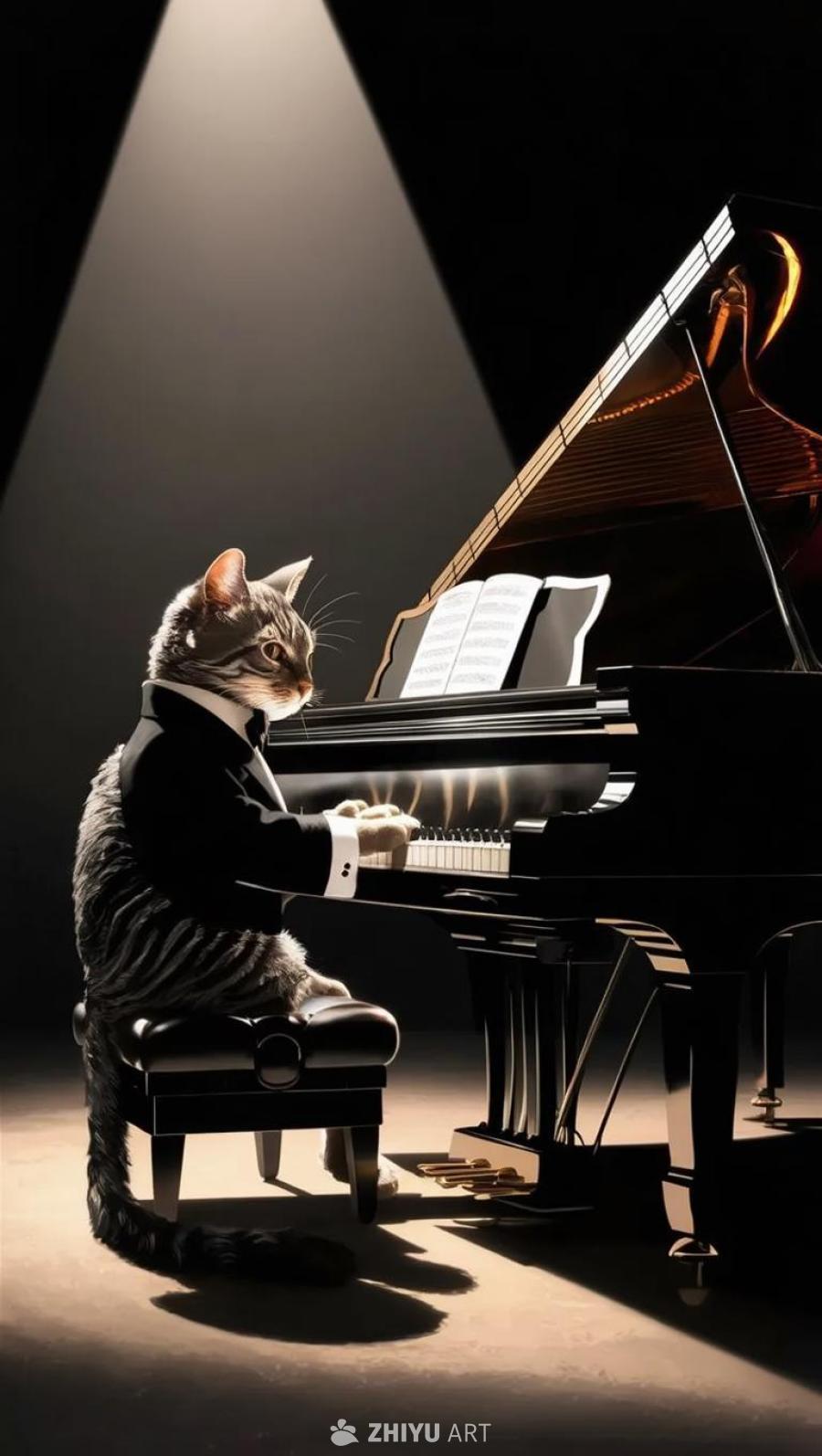 一只拟人化的猫穿着西装坐在钢琴前。猫坐在琴凳上，双