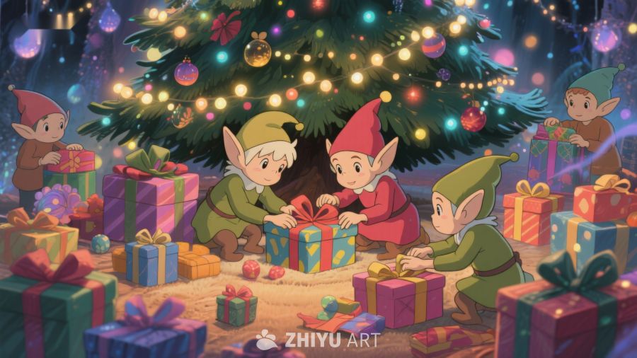 精灵围绕圣诞树拆礼物 144