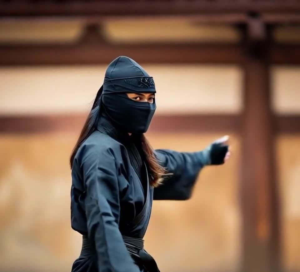一名身穿黑色服装的女性，头部包裹着黑色头巾，面部被