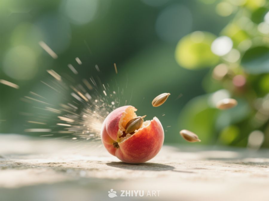 桃子破裂瞬间，种子四散飞溅 582