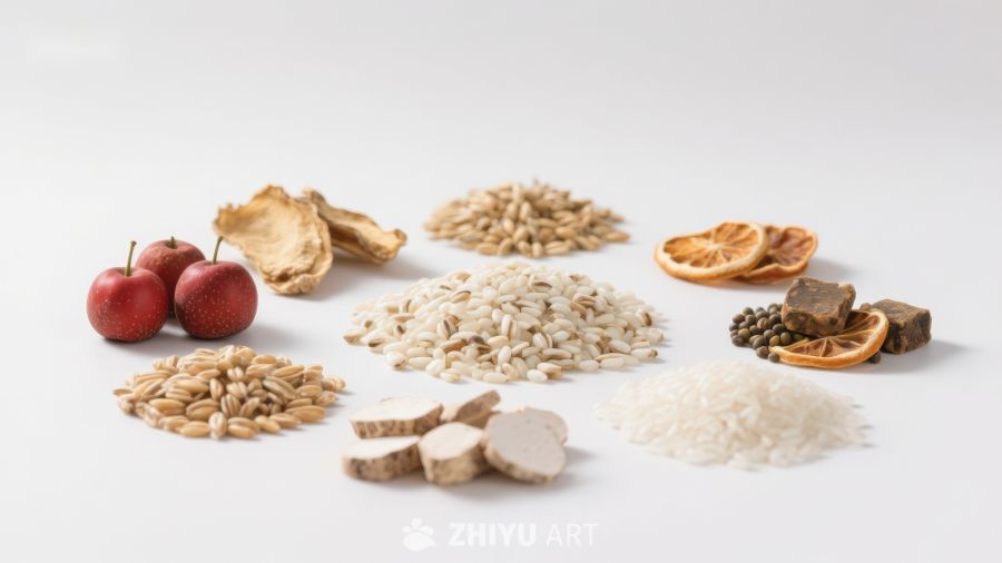多样食材展示：谷物、水果与香料