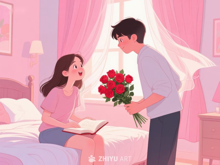 温馨室内，男子献花女子阅读 761