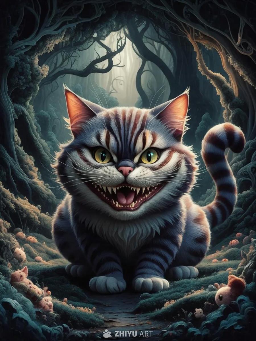 一只条纹相间的猫坐在森林的地面上，咧着嘴露出牙齿。