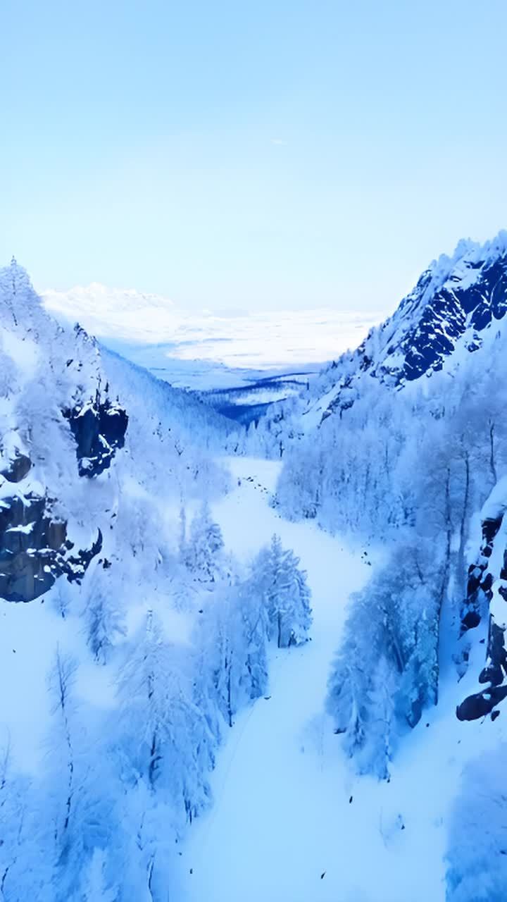 雪覆盖的山谷中，两侧是雪山，远方地平线可见，天空晴
