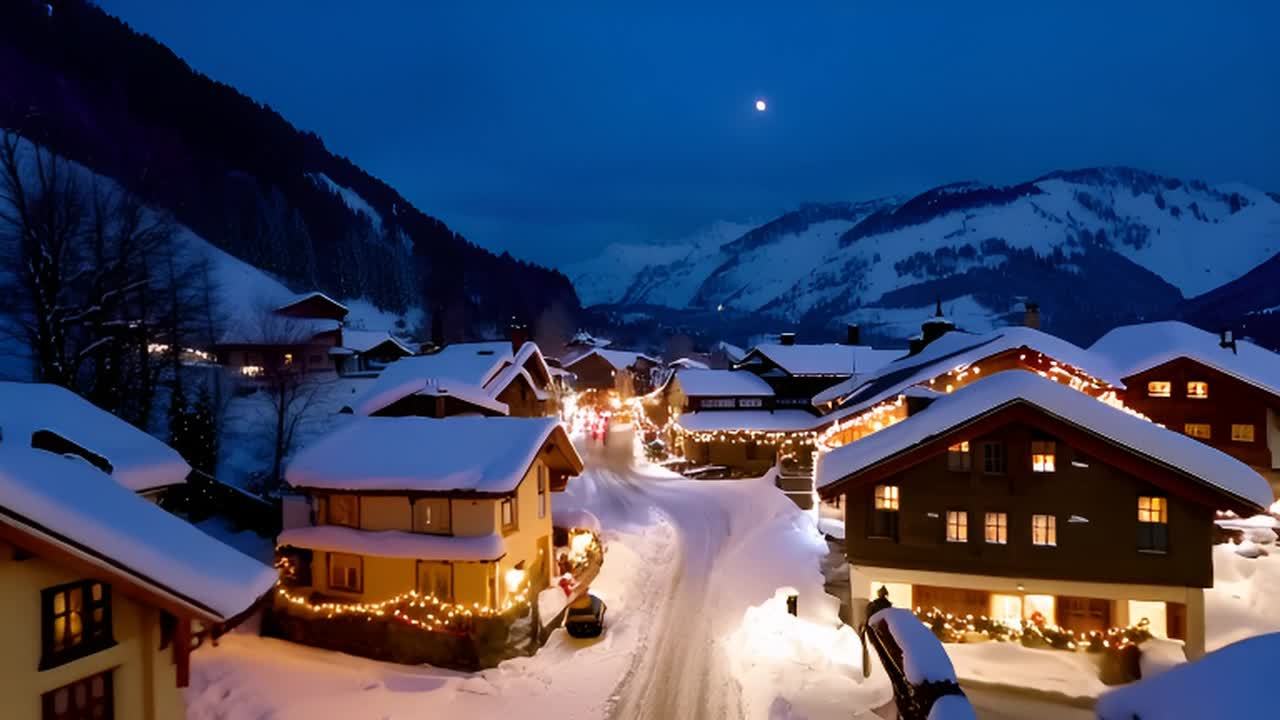 冬季夜晚，一个山区村庄被白雪覆盖，房屋顶部和地面都