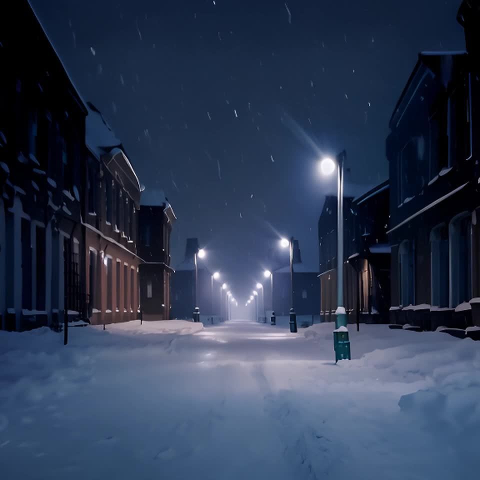 雪夜覆盖着一条被遗弃的街道。这个场景安静而荒凉，积