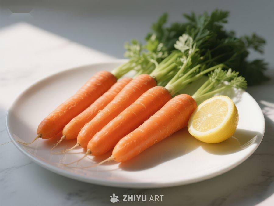 新鲜胡萝卜与柠檬片置于白色盘中 221