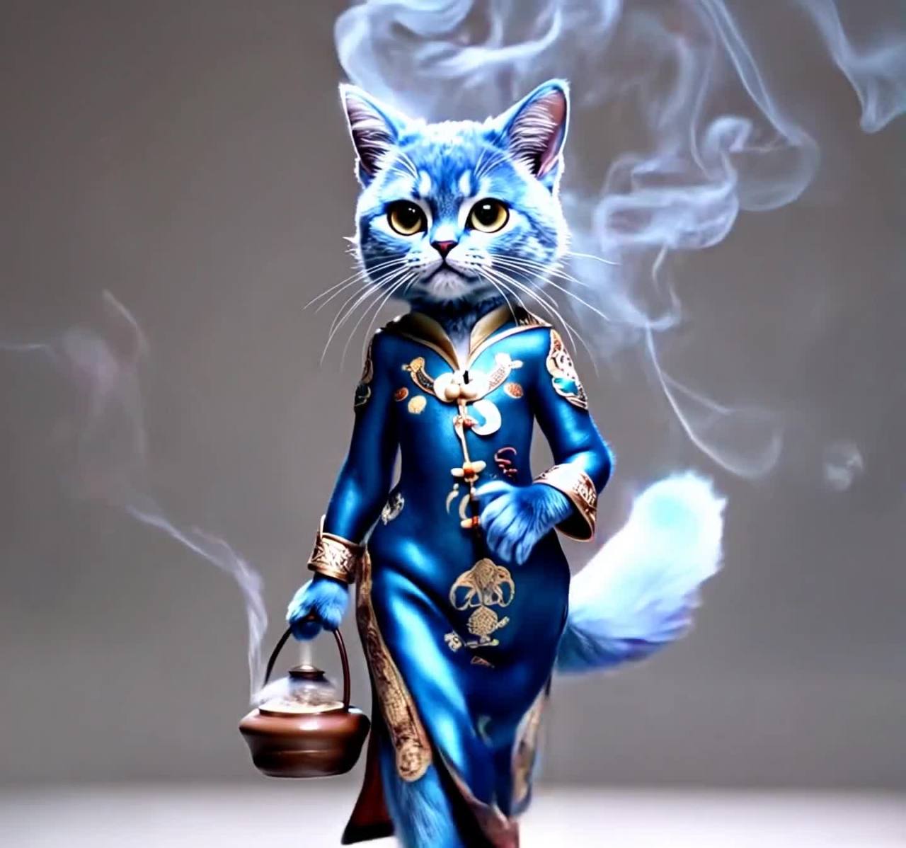 一只拟人化的蓝色猫，身着道士服饰。猫咪站在伸展台上