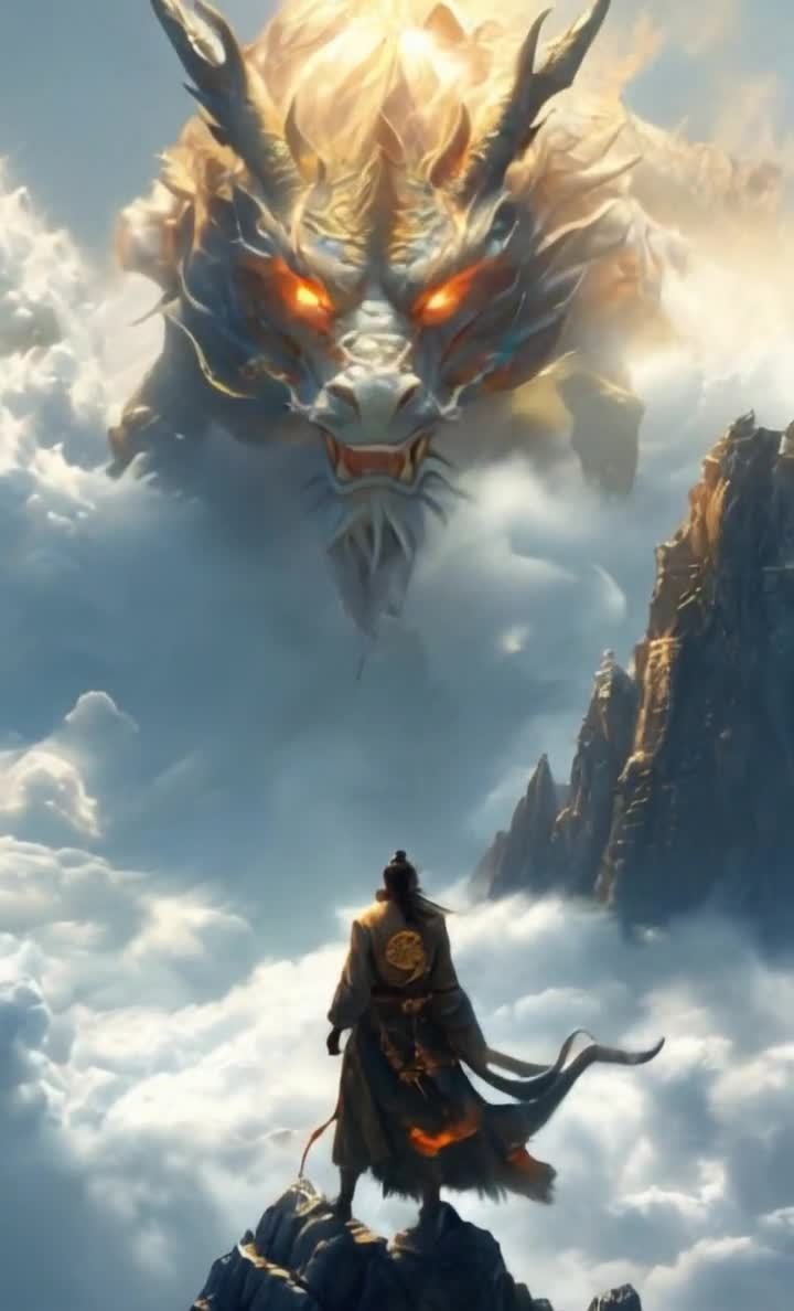 云端巨龙现身，古装人物眺望苍穹。