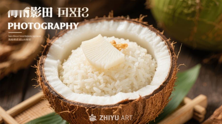 椰子碗盛米饭，清新自然美食