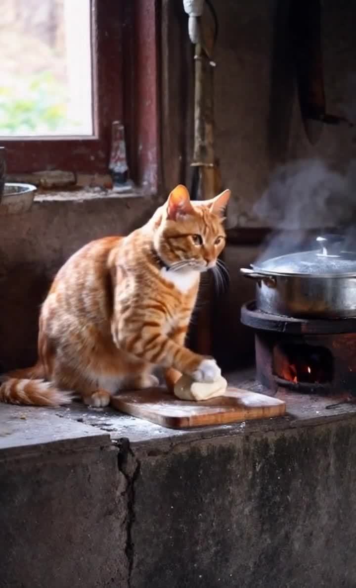 橘猫大厨在老旧厨房案板上揉面，蒸笼冒着热气