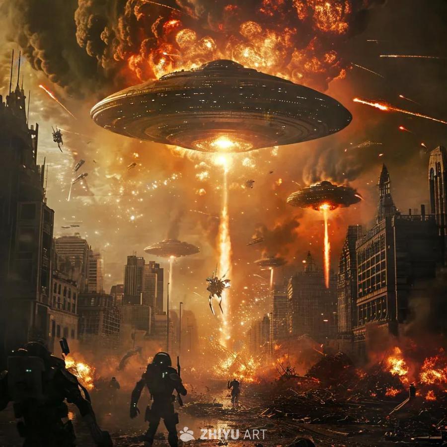 一个星球遭受外星舰队入侵，城市燃起火焰，天空弥漫着