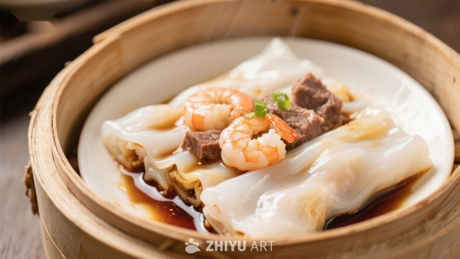 蒸笼中的虾仁牛肉肠粉