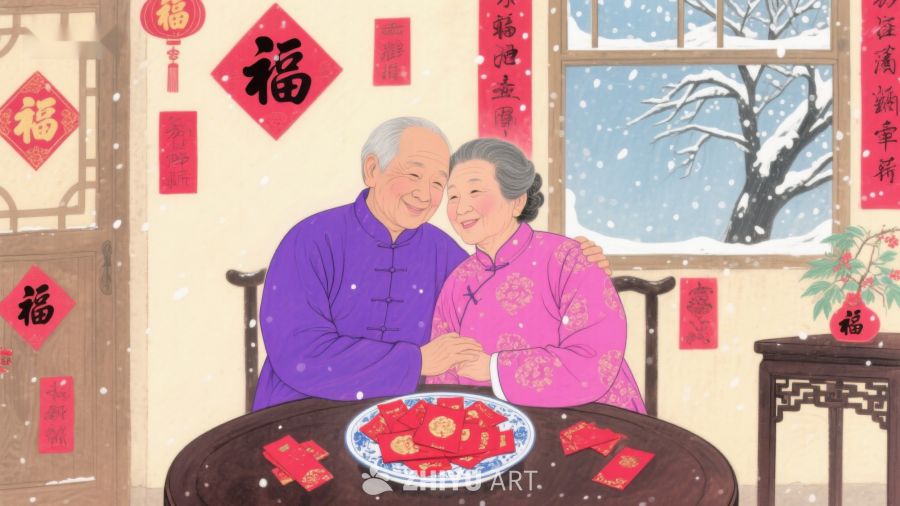 温馨春节，老夫妇共享红包喜庆时刻 889