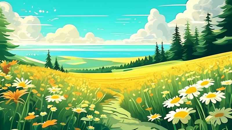 一幅草地的野花在地平线上 9