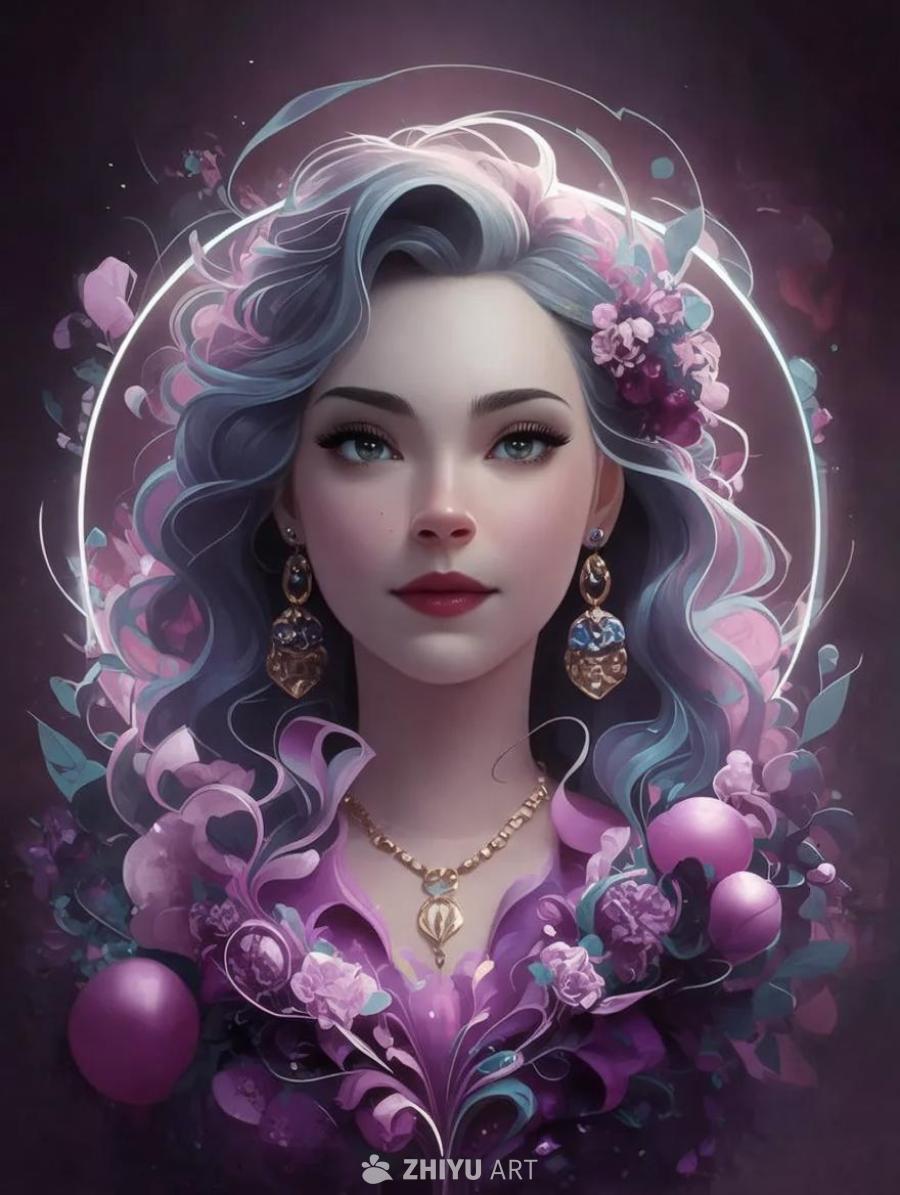 一位年轻女性的画像，她戴着华丽的耳环和项链，头发呈