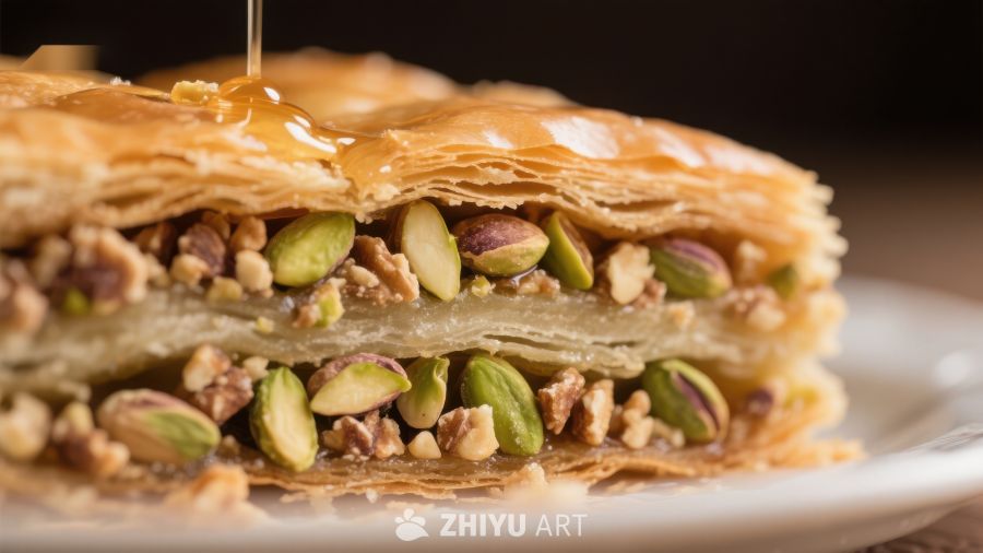 层层酥皮夹坚果，淋上蜂蜜的美味糕点