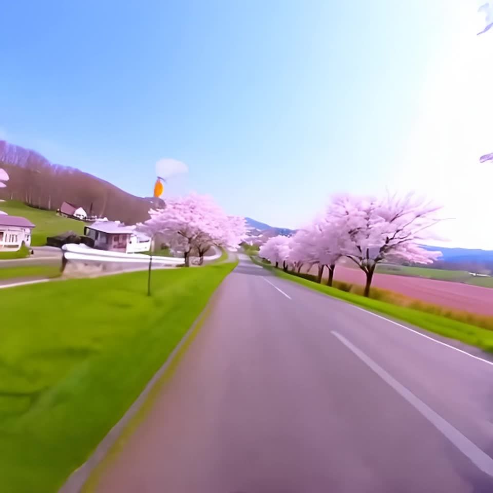一条道路穿过盛开着樱花的春天风景，路边有绿色的草地