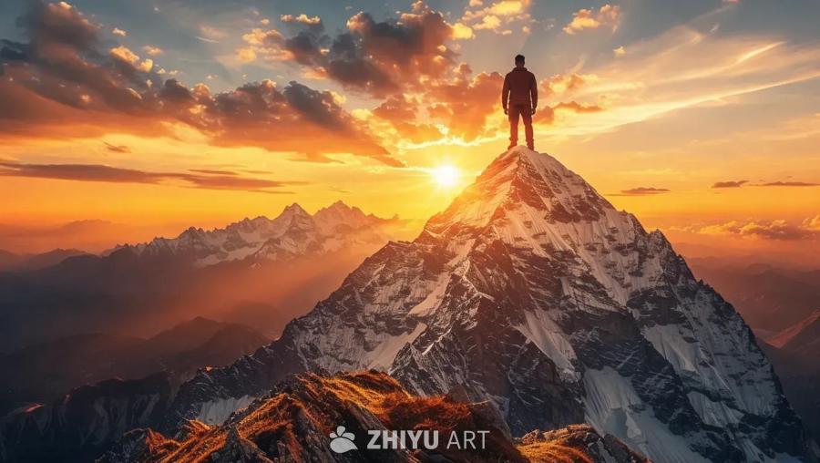 山顶站立着一个人，远方是连绵的群山，天空中有云，太