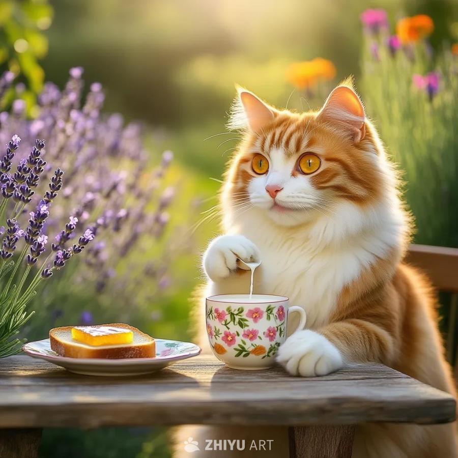 一只橙白色的大猫坐在一个绿意盎然的花园里的早餐桌旁