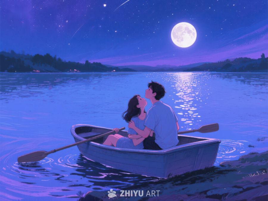 月下湖中情侣划船 1215