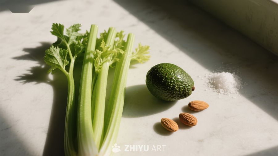 芹菜、牛油果与杏仁的健康组合