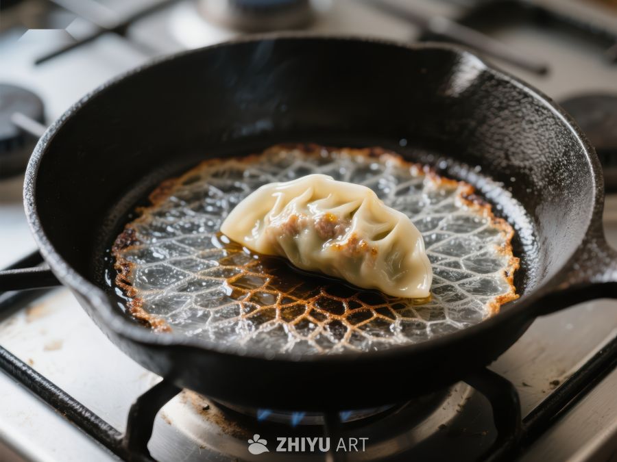 锅贴在铸铁锅中煎制 265