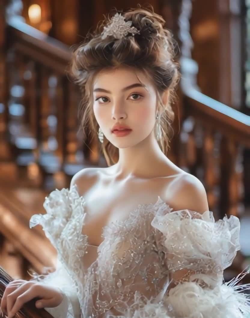 棕发蓝眼白裙女子扶梯伫立特写照