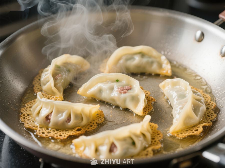 锅中煎制的热气腾腾饺子 150