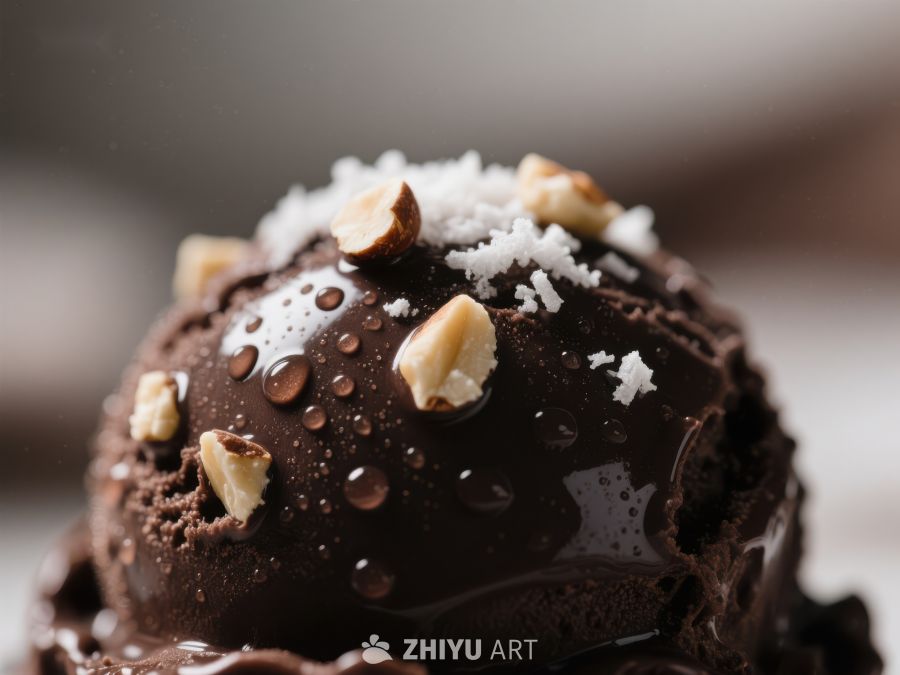 巧克力冰淇淋球配坚果与海盐