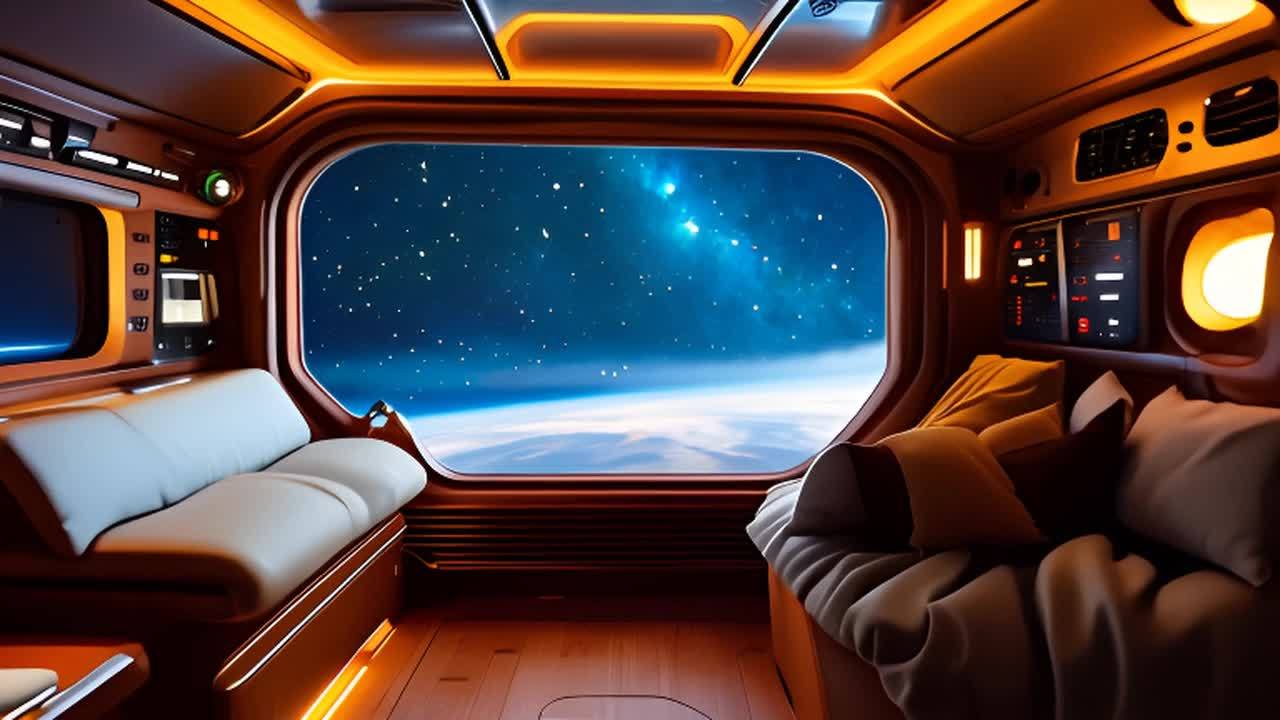一个温馨的宇宙飞船内部，窗外可以看到宇宙和星球。飞