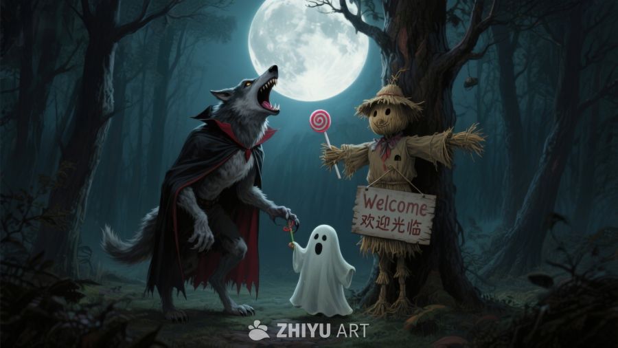 月夜森林中的狼人与稻草人