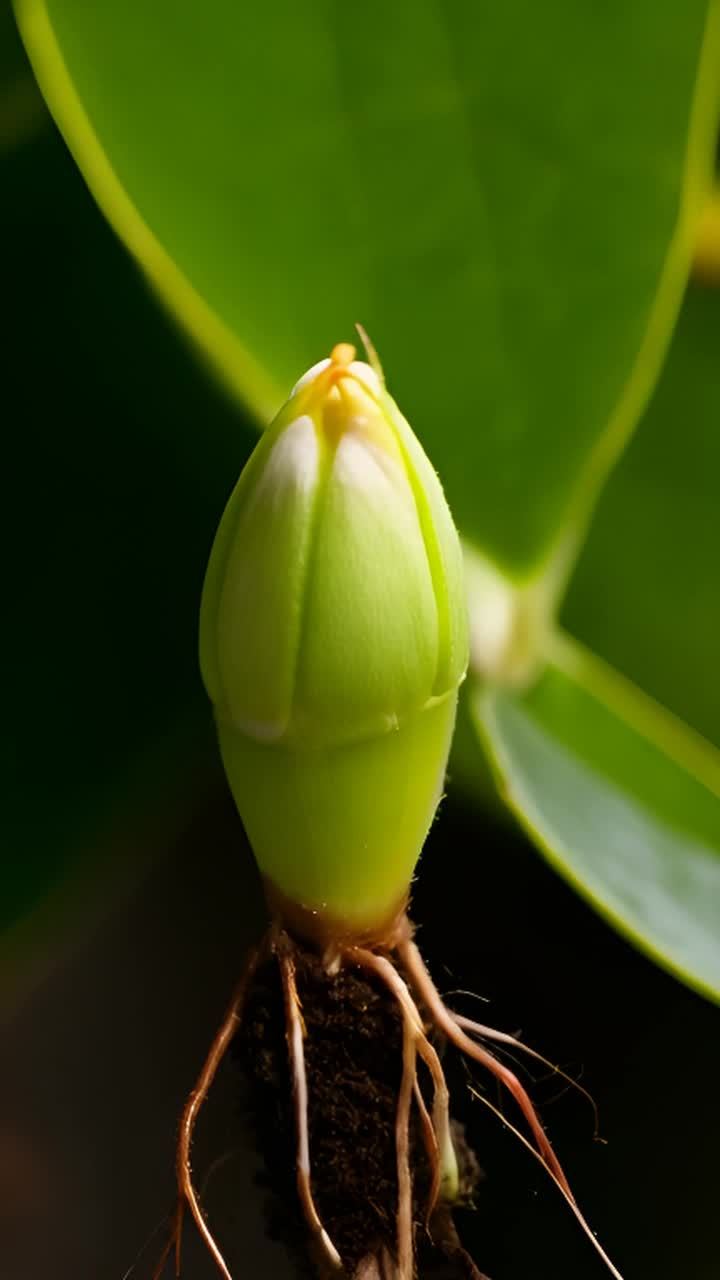 一个栀子花的花苞从地面生长出来，开始时很小，逐渐长
