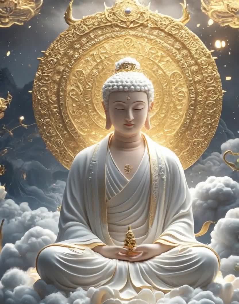 一位佛像呈静坐姿势，端坐在云端，周围环绕着云雾和星