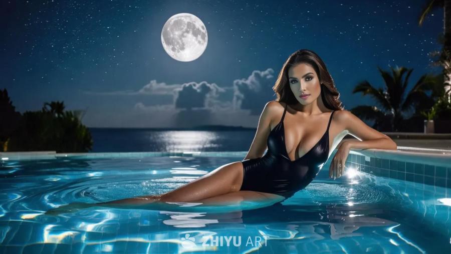 一个穿着黑色泳衣的女性靠在月光照耀的游泳池边。水面