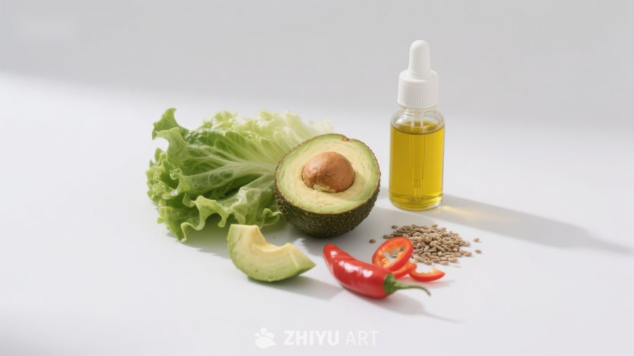 新鲜食材与食用油的组合展示
