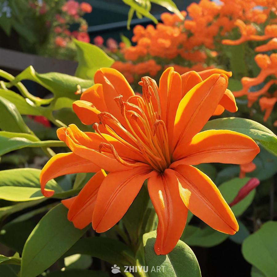 一朵鲜艳的橙色花朵的特写镜头，花朵周围环绕着绿色的